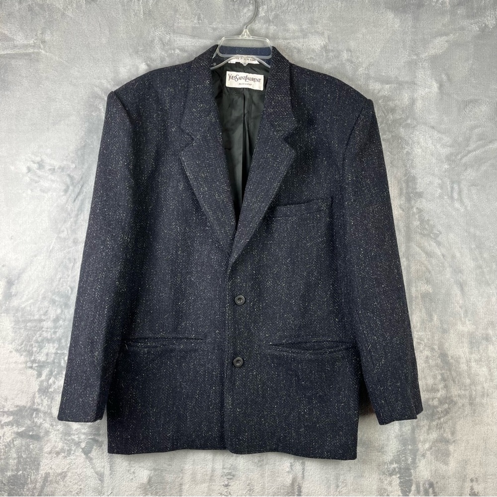 Yves Saint Laurent Dark Blue Tweed Blazer Men’s Sz 40 Wool Blend Lined Vintage